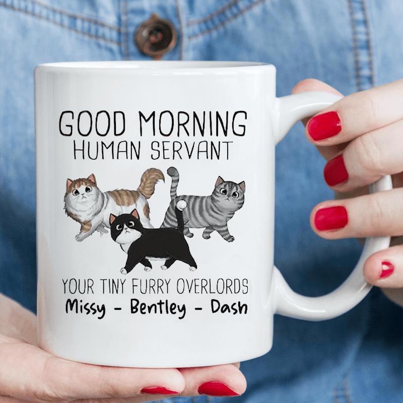 Tailorly White Ceramic 11 oz Mug - Good Morning Human Servant Your Tiny Furry Overlords Missy Bentley Dash Various Domestic Kittens Walking Together In A Straight