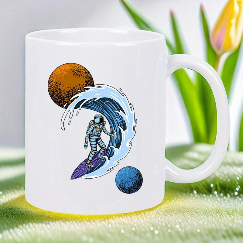 Tailorly White Ceramic 11 oz Mug - Cosmic Surfer Riding Large Blue Wave Between Distant Colorful Planets Astronaut
