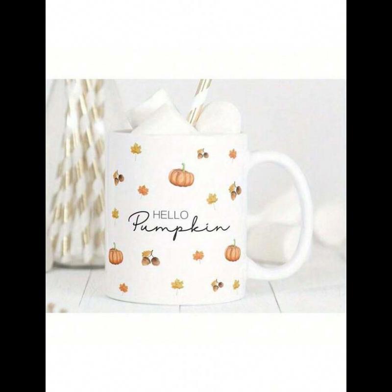 Tailorly White Ceramic 11 oz Mug - Hello Pumpkin Autumn Seasonal Decorative Small Orange Pumpkins Scattered Among Golden Falling Leaves Pumpkin