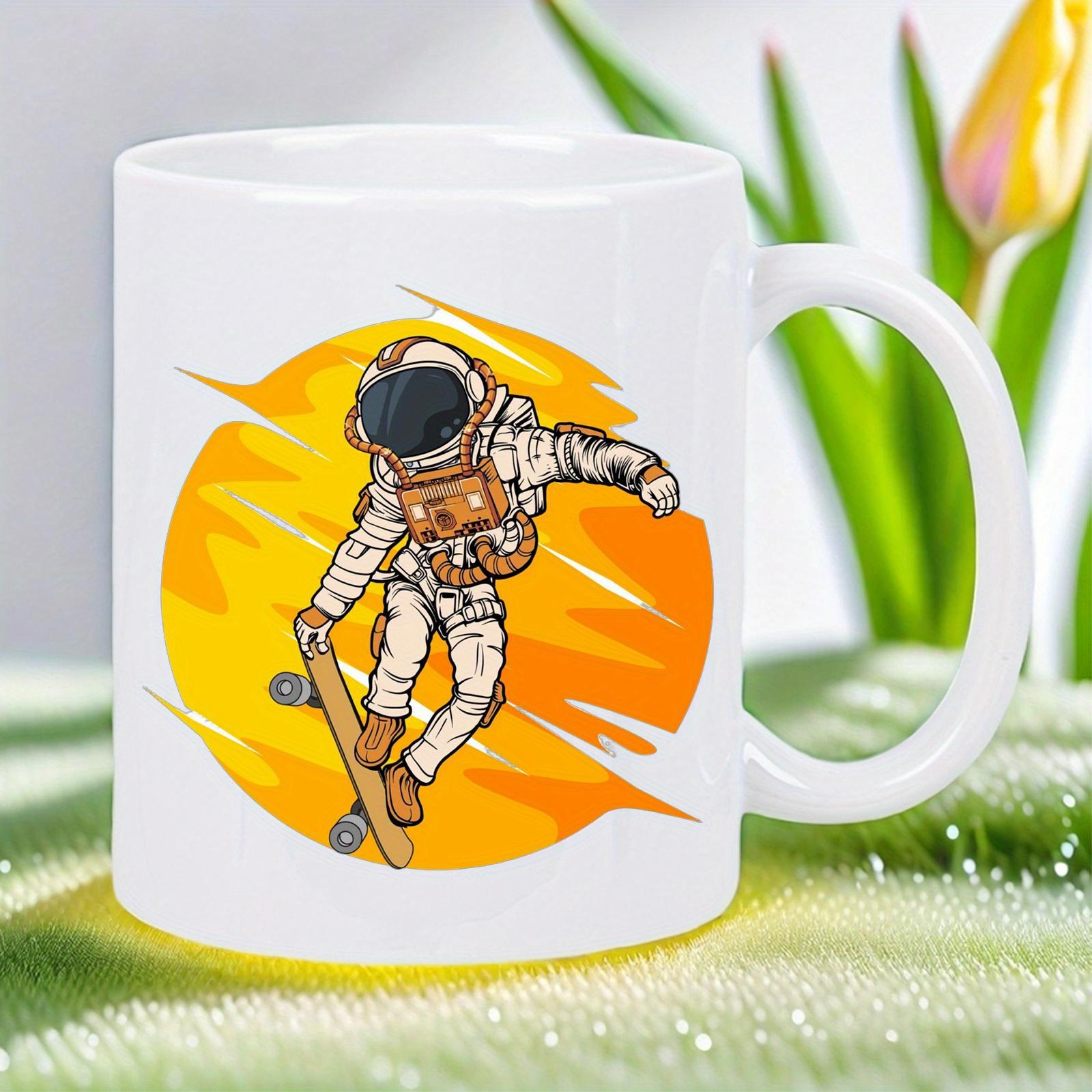 Tailorly White Ceramic 11 oz Mug - Skateboarding Through Space In Front Of A Large Golden Glowing Sun Astronaut