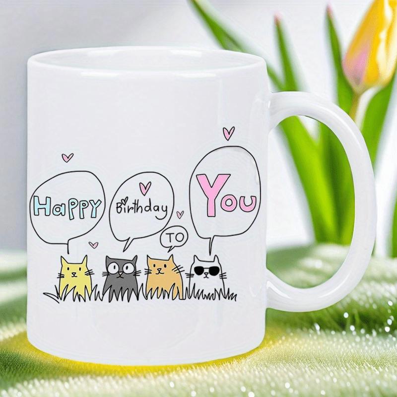 Tailorly White Ceramic 11 oz Mug - Happy Birthday To You Four Hand Drawn Tiny Cartoon Kittens Resting Among Simple Green Grass Hearts Cat