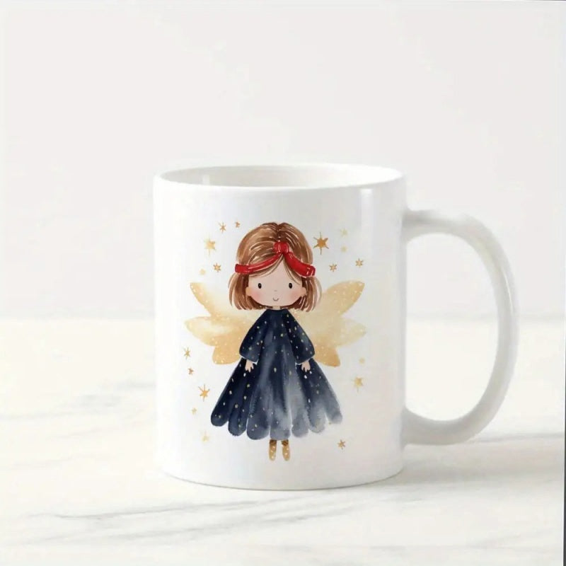 Tailorly White Ceramic 11 oz Mug - Cute Watercolor Girl With Golden Wings Wearing A Starry Dark Dress Angel
