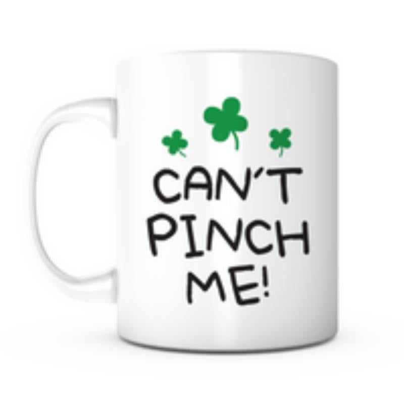 Tailorly White Ceramic 11 oz Mug - Can't Pinch Me Three Small Vibrant Green Clovers Floating Above Playful Bold Black Text Shamrock