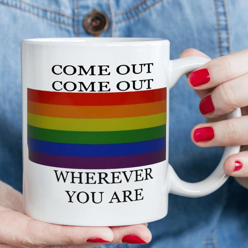 Tailorly White Ceramic 11 oz Mug - Come Out Come Out Wherever You Are Vibrant Horizontal Stripes With Symbolic Rainbow Colors For Unity And Diversity Pride Flag
