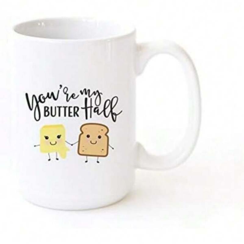 Tailorly White Ceramic 11 oz Mug - Youre My Butter Half Cute Hand Drawn Cartoon Butter And Toast Holding Hands Smiling Together Toast