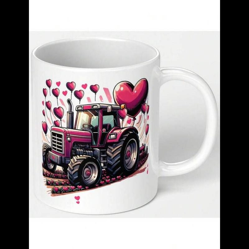 Tailorly White Ceramic 11 oz Mug - Charming Red Farm Vehicle Surrounded By Floating Pink Heart Shaped Balloons Tractor