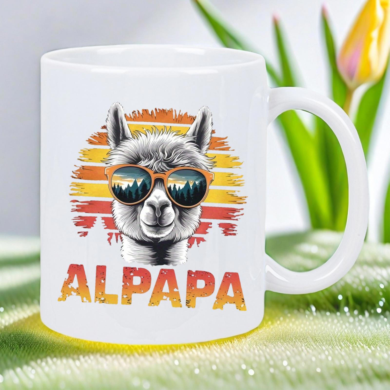 Tailorly White Ceramic 11 oz Mug - Alpapa Retro Vintage Sunset Graphic With Cool Sunglasses And Reflections Alpaca