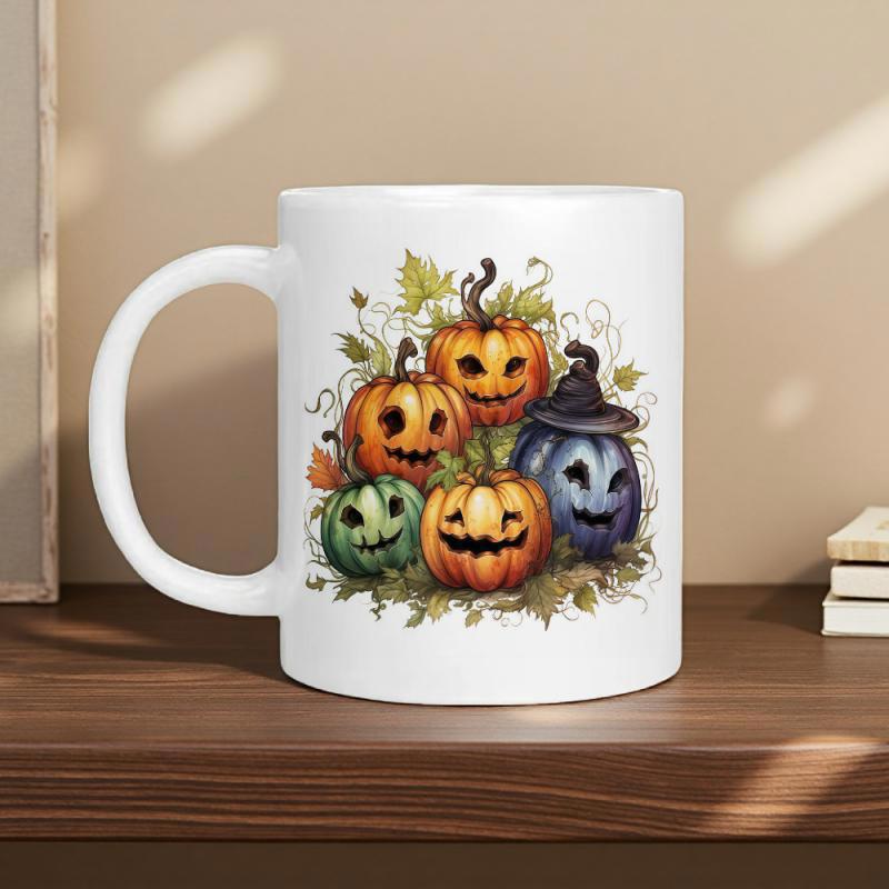 Tailorly White Ceramic 11 oz Mug - Colorful Halloween Jack O Lanterns Among Autumn Leaves And Witch Hat Pumpkin