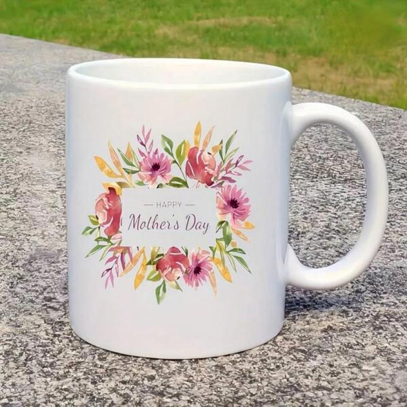 Tailorly White Ceramic 11 oz Mug - Mother's Day Delicate Watercolor Flowers With Green Leaves Blooming In Circle Wreath
