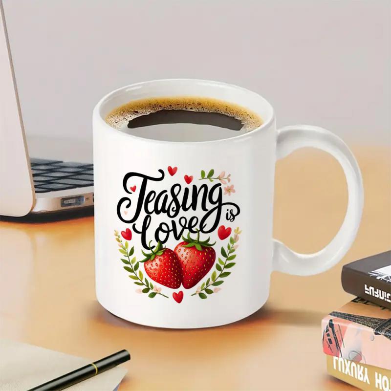 Tailorly White Ceramic 11 oz Mug - Teasing Love Two Red Strawberries Surrounded By Green Leaves And Small Red Hearts Strawberry