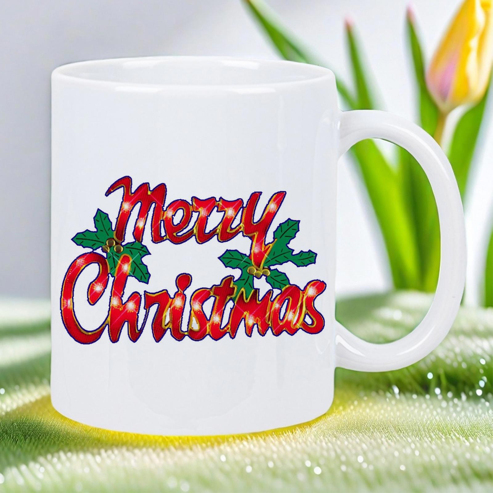 Tailorly White Ceramic 11 oz Mug - Merry Christmas Festive Red Script With Glowing Lights And Green Holly Leaves Mug