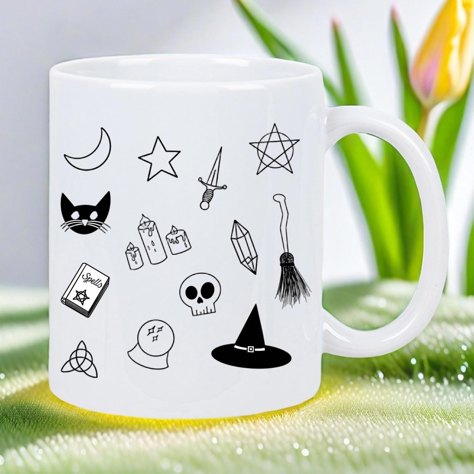 Tailorly White Ceramic 11 oz Mug - Spells Mystical Occult Elements Featuring Crescent Moon Stars And Magic Skull Pattern