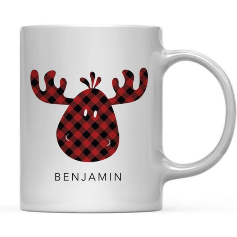 Tailorly White Ceramic 11 oz Mug - Benjamin Cartoonish Buffalo Plaid Silhouette With Red And Black Checkered Pattern Moose