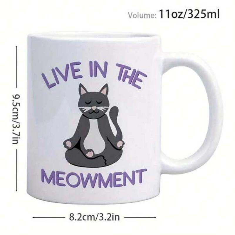 Tailorly White Ceramic 11 oz Mug - Live In The Meowment Serene Gray Meditating Animal Practicing Yoga With Eyes Closed In Peaceful Pose Cat