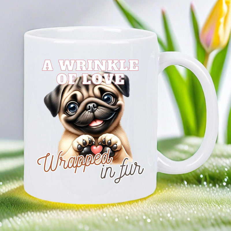 Tailorly White Ceramic 11 oz Mug - A Wrinkle Of Love Wrapped In Fur Adorable Smiling Puppy Holding A Tiny Pink Heart Pug