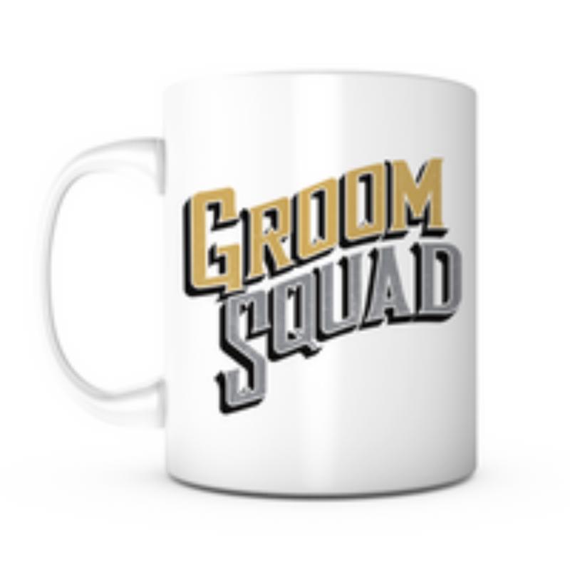 Tailorly White Ceramic 11 oz Mug - Groom Squad Polished Metal Effect Three Dimensional Lettering With Classic Gold Accents Sign