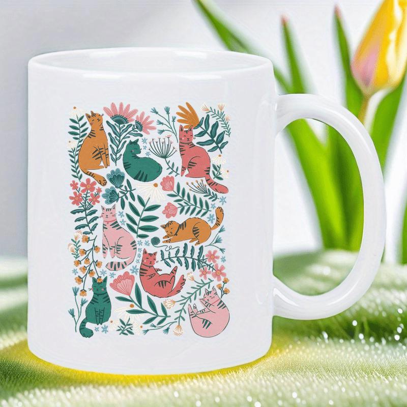 Tailorly White Ceramic 11 oz Mug - Hand Drawn Colorful Felines Resting Among Lush Botanical Leaves And Flowers Cat