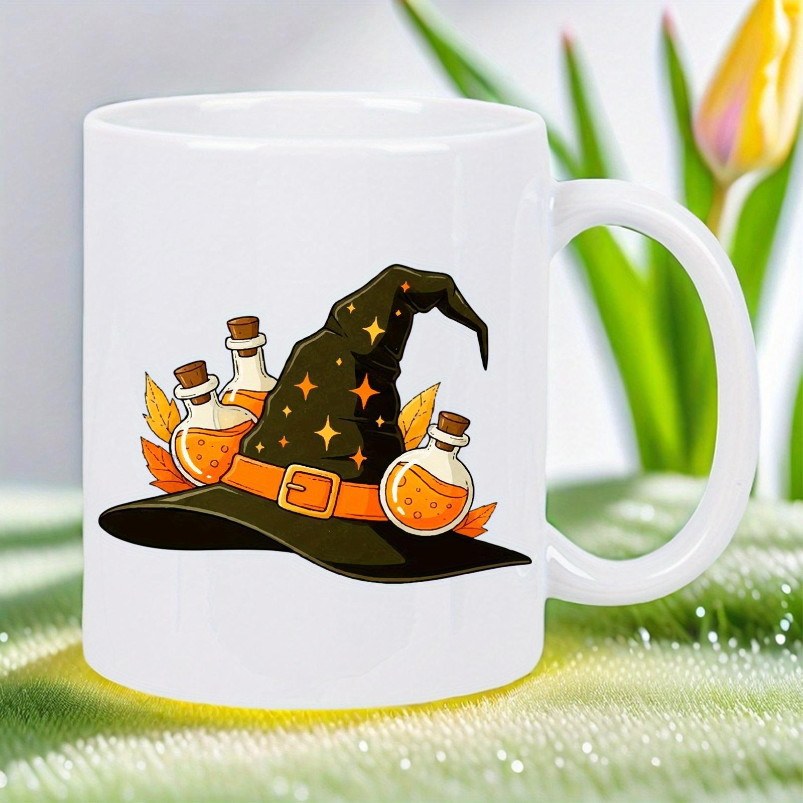 Tailorly White Ceramic 11 oz Mug - Mystical Black Pointed Cap With Magic Potion Bottles And Autumn Leaves Witch Hat