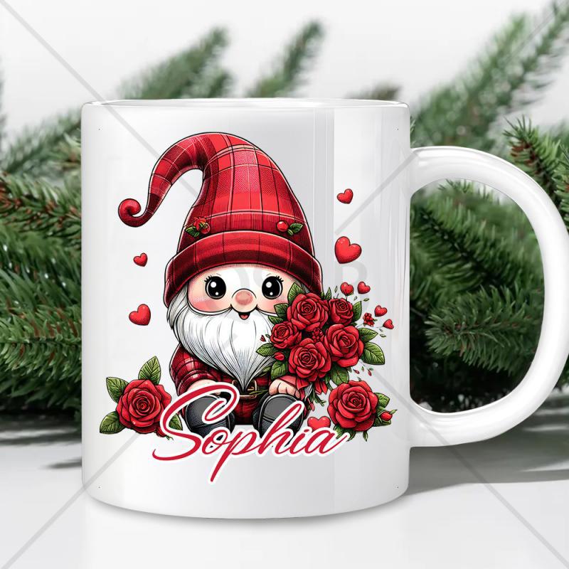 Tailorly White Ceramic 11 oz Mug - Sophia Adorable Little Tomte Wearing Red Plaid Hat Holding Fresh Roses Gnome