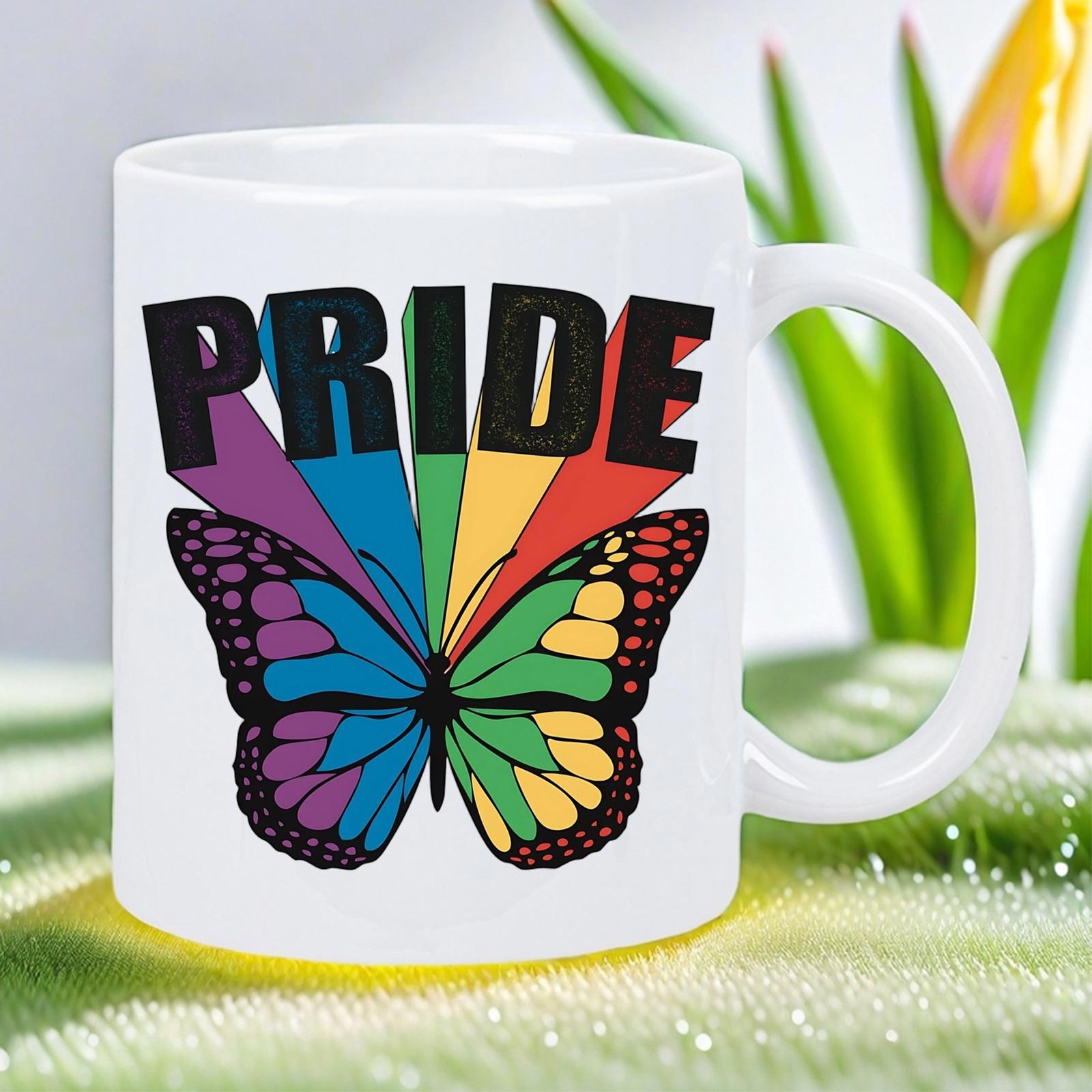Tailorly White Ceramic 11 oz Mug - Pride Vibrant Rainbow Colors Stretching Across Delicate Pattern On Symmetric Winged Butterfly