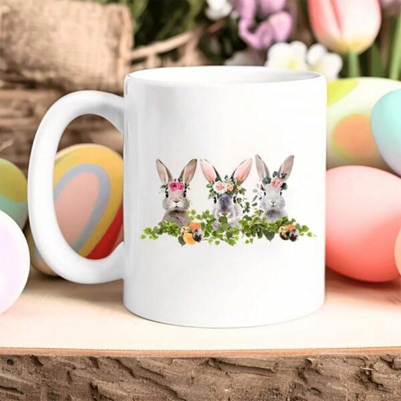 Tailorly White Ceramic 11 oz Mug - Adorable Three Bunnies Wearing Delicate Flower Crowns Among Lush Greenery Rabbit