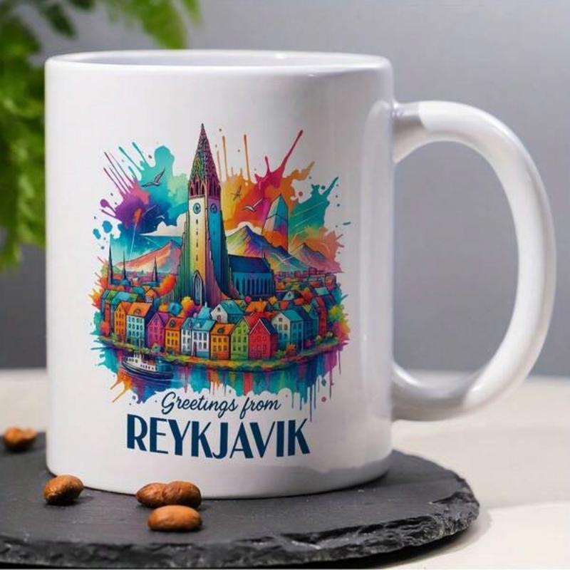 Tailorly White Ceramic 11 oz Mug - Greetings From Reykjavik Vibrant Colorful Watercolor Splatter Cityscape With Iconic Architecture And Church Cityscape