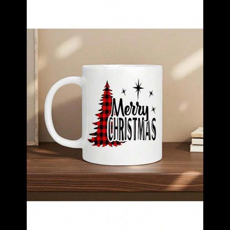 Tailorly White Ceramic 11 oz Mug - Merry Christmas Festive Red Buffalo Plaid Evergreen Surrounded By Sparkling Minimalist Stars Tree