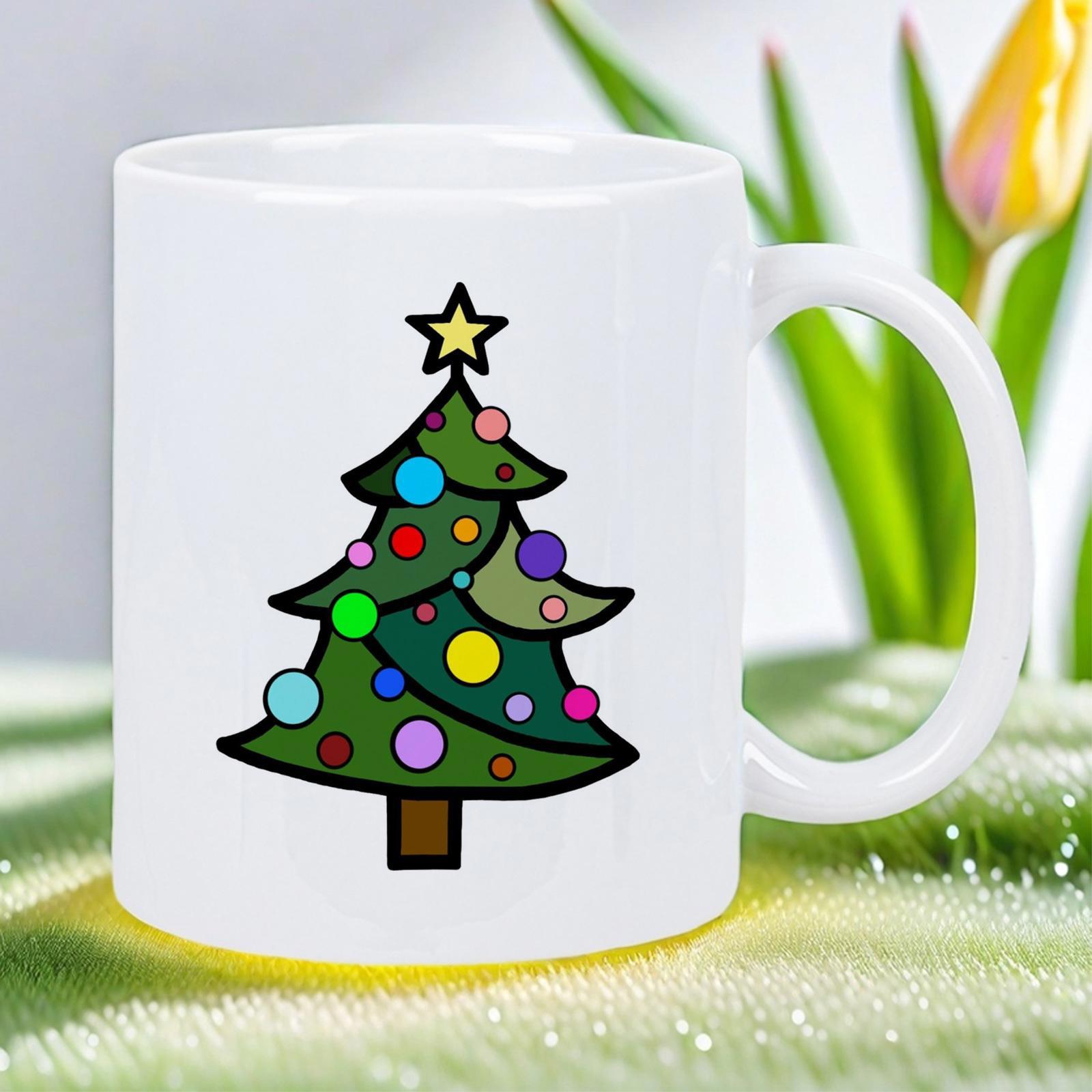 Tailorly White Ceramic 11 oz Mug - Vibrant Stylized Christmas Pine With Colorful Ornaments And A Bright Star Tree