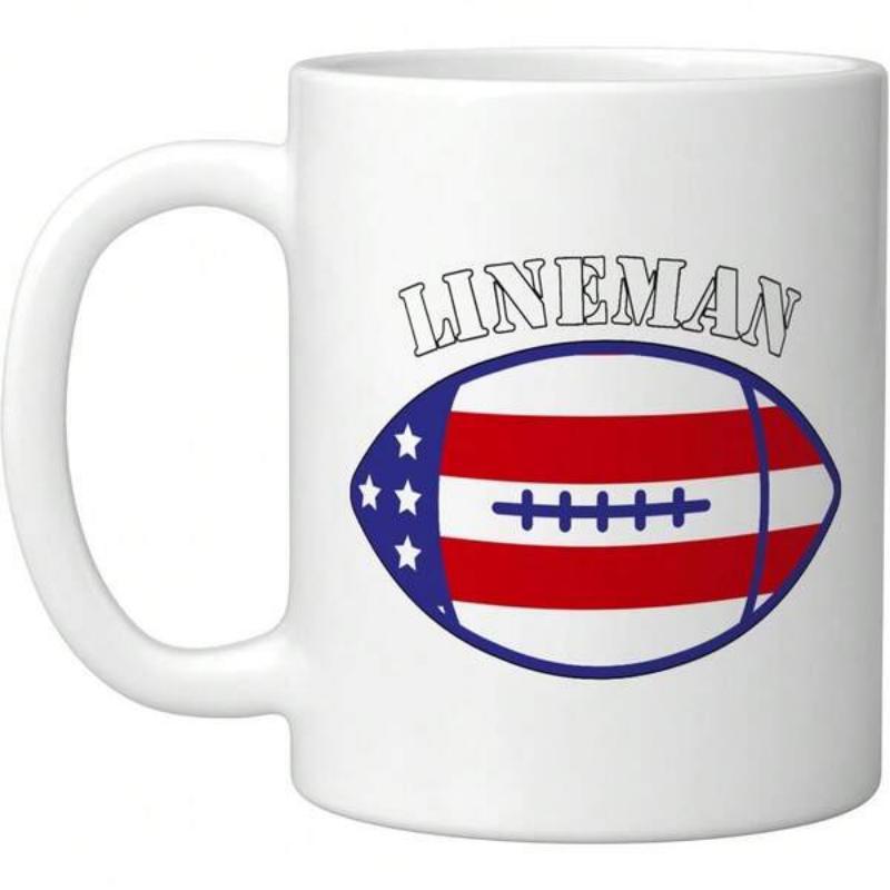 Tailorly White Ceramic 11 oz Mug - Lineman Patriotic American Flag Patterned Sports Ball Design With Stars And Stripes Football