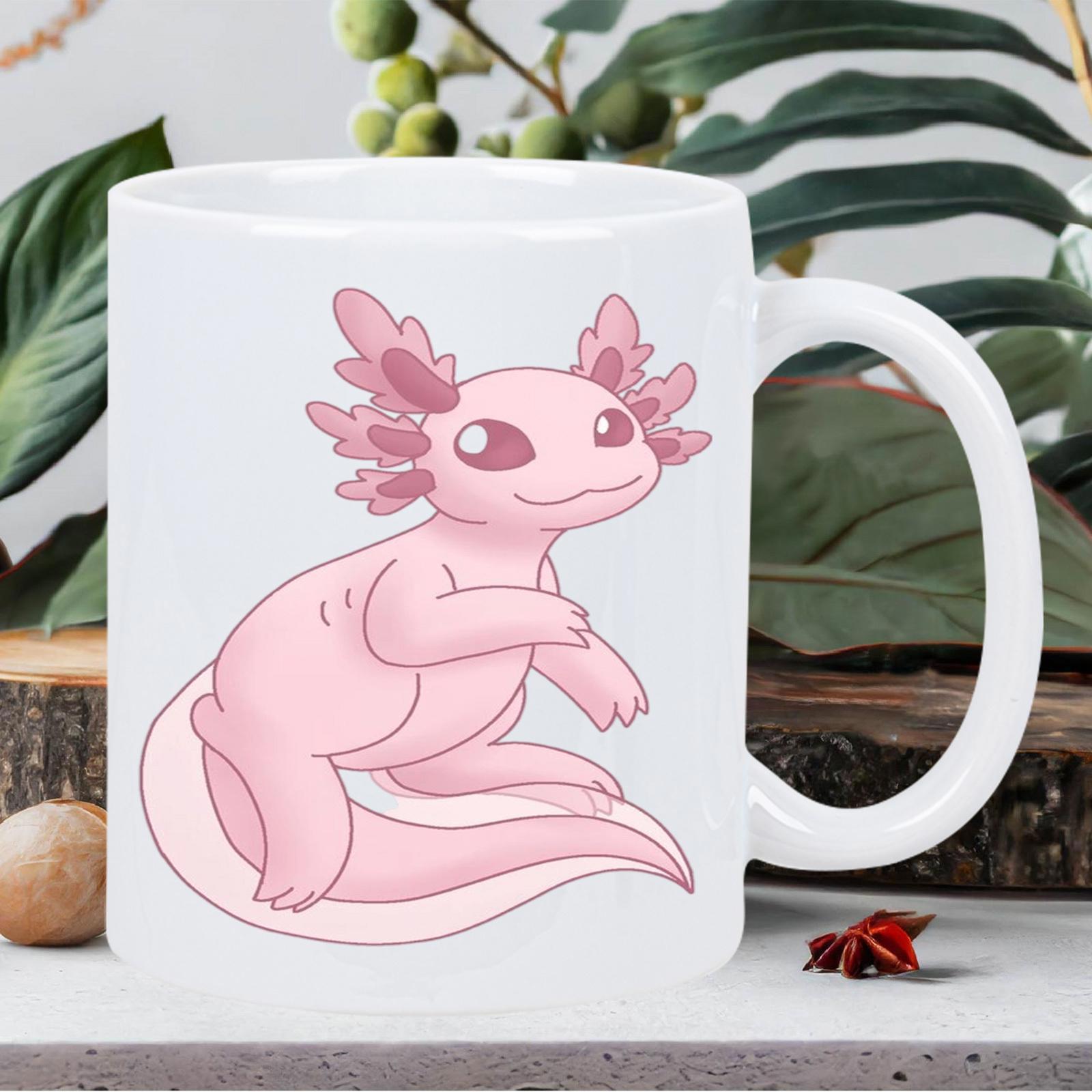 Tailorly White Ceramic 11 oz Mug - Charming Pink Smiling Aquatic Creature With Soft Feathery Gills Resting Comfortably Axolotl