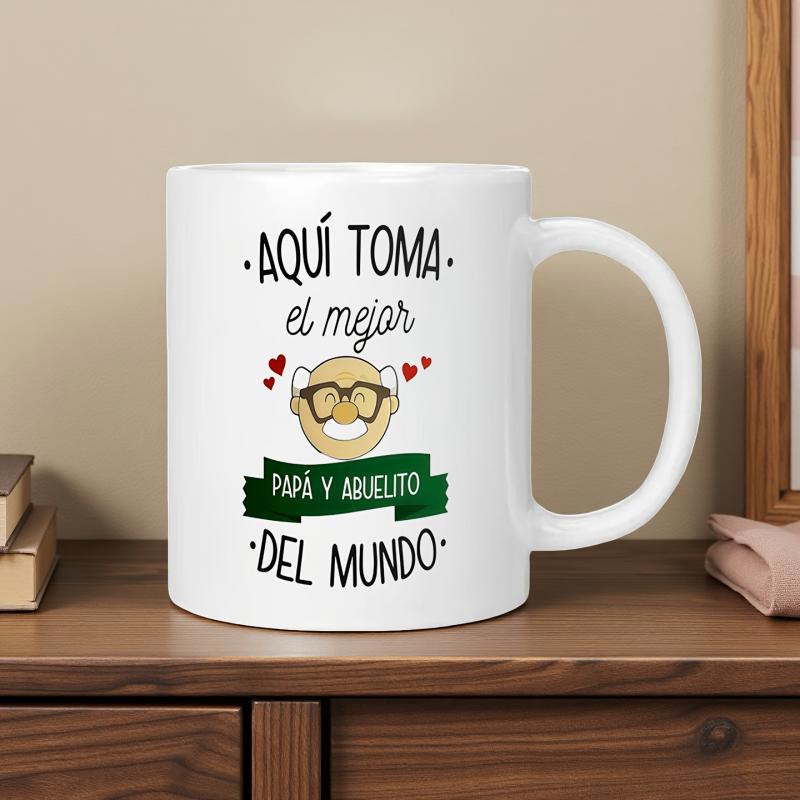 Tailorly White Ceramic 11 oz Mug - Smiling Cartoon Grandfather Face With Glasses And Green Banner Decorative Hearts Portrait