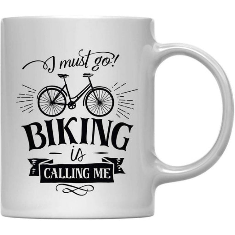 Tailorly White Ceramic 11 oz Mug - I Must Go Biking Is Calling Me Classic Vintage Style Bicycle With Radiating Lines And Decorative Flourish Bicycle