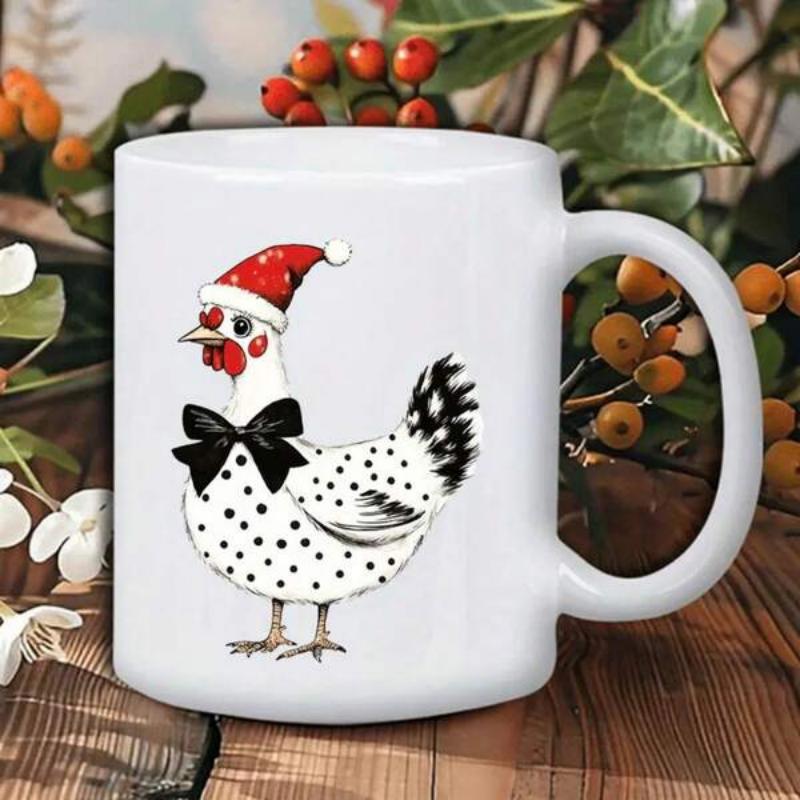 Tailorly White Ceramic 11 oz Mug - Whimsical Festive Spotted Hen Wearing A Red Santa Hat And Bowtie Chicken