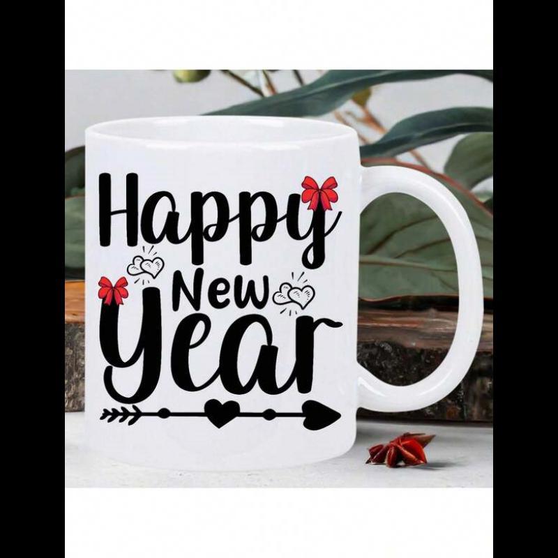 Tailorly White Ceramic 11 oz Mug - Happy New Year Elegant Script Lettering Surrounded By Tiny Hearts And Red Butterfly Decorative Arrow Greeting