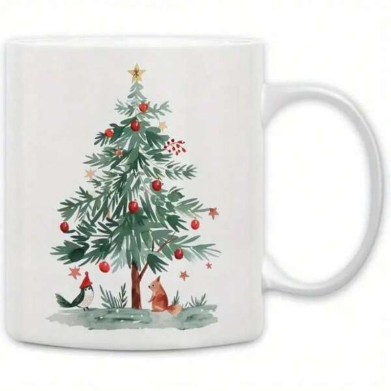 Tailorly White Ceramic 11 oz Mug - Festive Watercolor Design With Red Baubles Bird And Fox Under Evergreen Tree