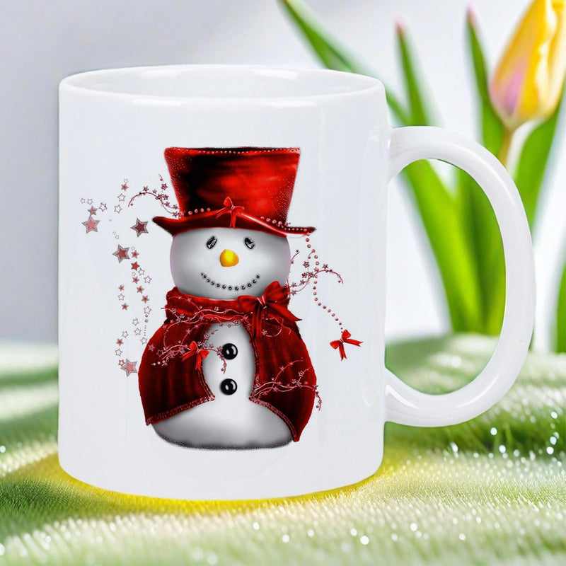 Tailorly White Ceramic 11 oz Mug - Cheerful Festive Character Wearing Red Top Hat Surrounded By Magical Twinkling Stars Snowman