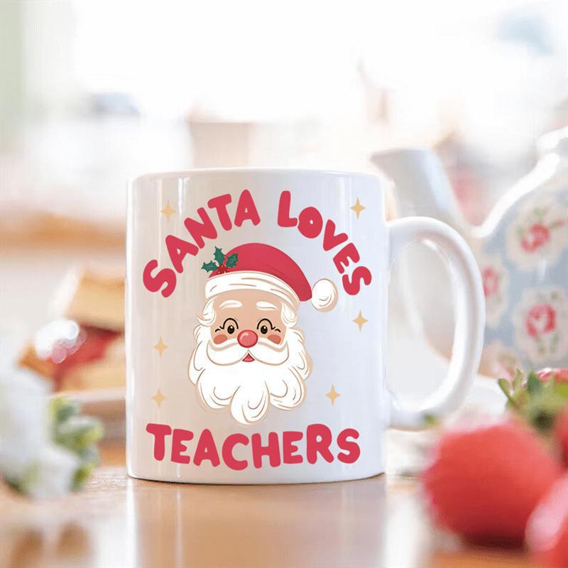 Tailorly White Ceramic 11 oz Mug - Santa Loves Teachers Jolly Cartoon Character Wearing Red Hat And Soft White Beard Mug