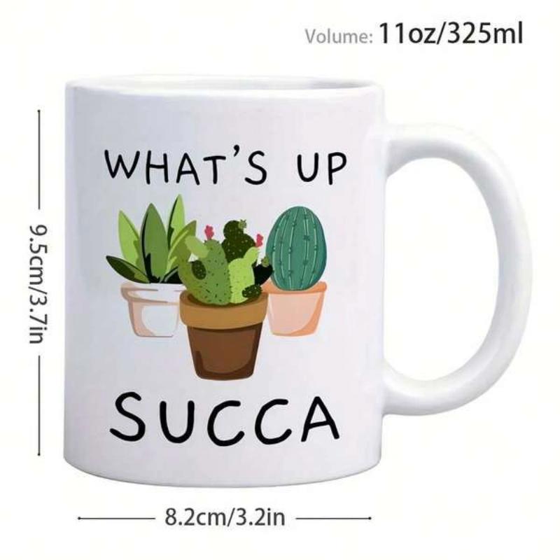 Tailorly White Ceramic 11 oz Mug - What's Up Succa Three Potted Green Cactus Plants Growing Inside Small Ceramic Succulent