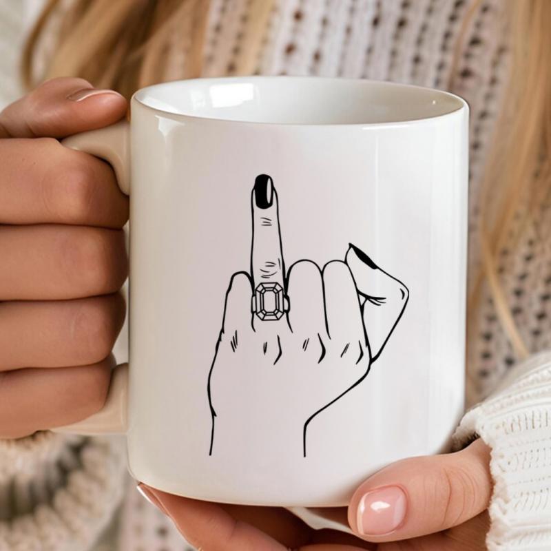 Tailorly White Ceramic 11 oz Mug - Minimalist Rebellious Black Line Art Sketch Featuring A Ring Hand
