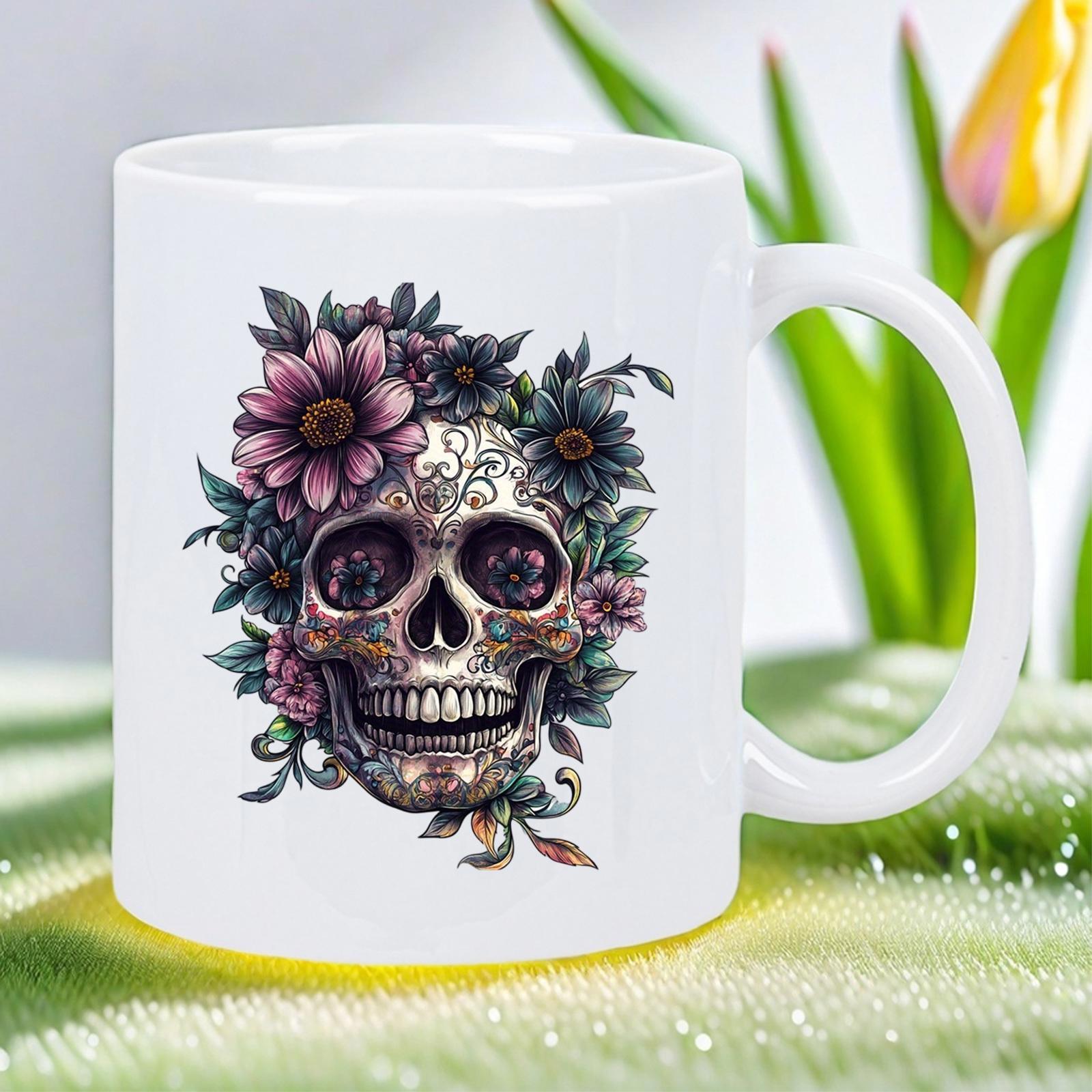 Tailorly White Ceramic 11 oz Mug - Vibrant Floral Blooms And Lush Green Leaves Adorning An Ornate Human Skull
