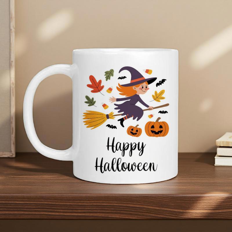 Tailorly White Ceramic 11 oz Mug - Happy Halloween Cute Little Witch Flying On Broomstick Above Orange Autumn Pumpkins Witch