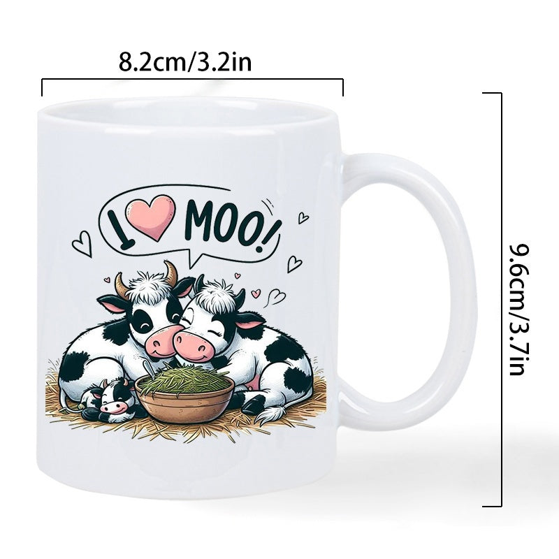 Tailorly White Ceramic 11 oz Mug - I Love Moo Two Adorable Spotted Cows Cuddling Near A Wooden Grass Bowl Cow