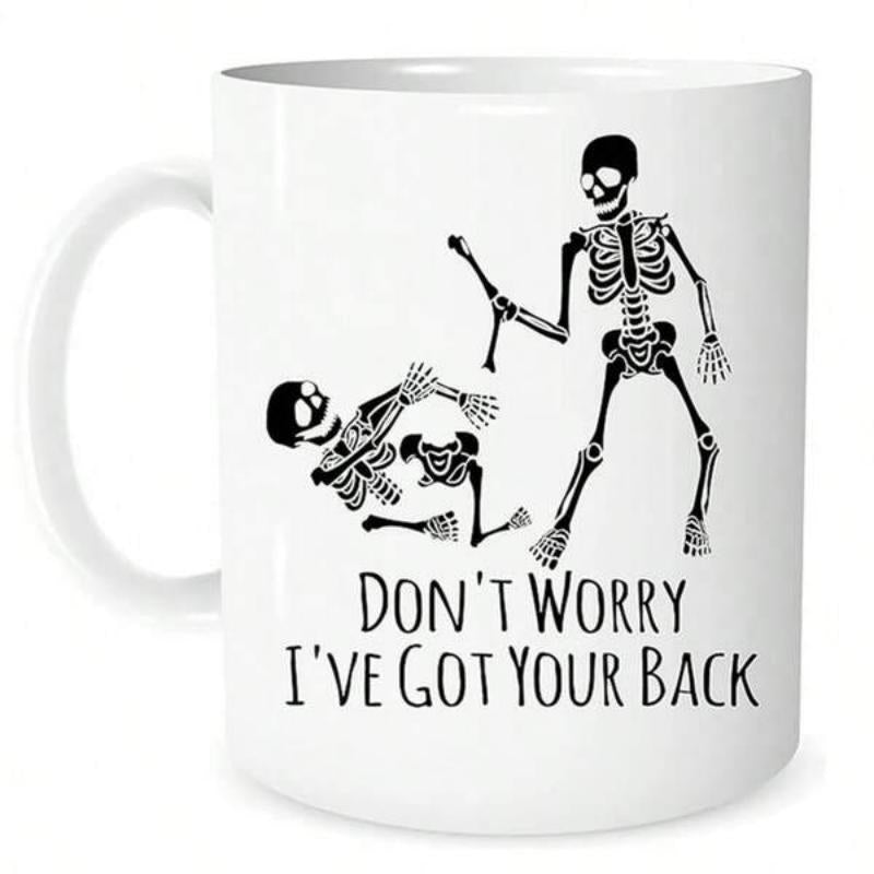 Tailorly White Ceramic 11 oz Mug - Don't Worry I've Got Your Back Two Playful Skeletons Arranging Human Bones In A Humorous Artistic Scene Skeleton