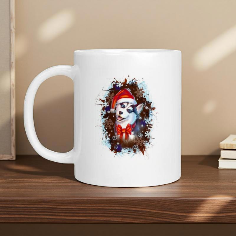 Tailorly White Ceramic 11 oz Mug - Festive Dog Wearing Red Santa Hat With Artistic Splashes And Bow Husky
