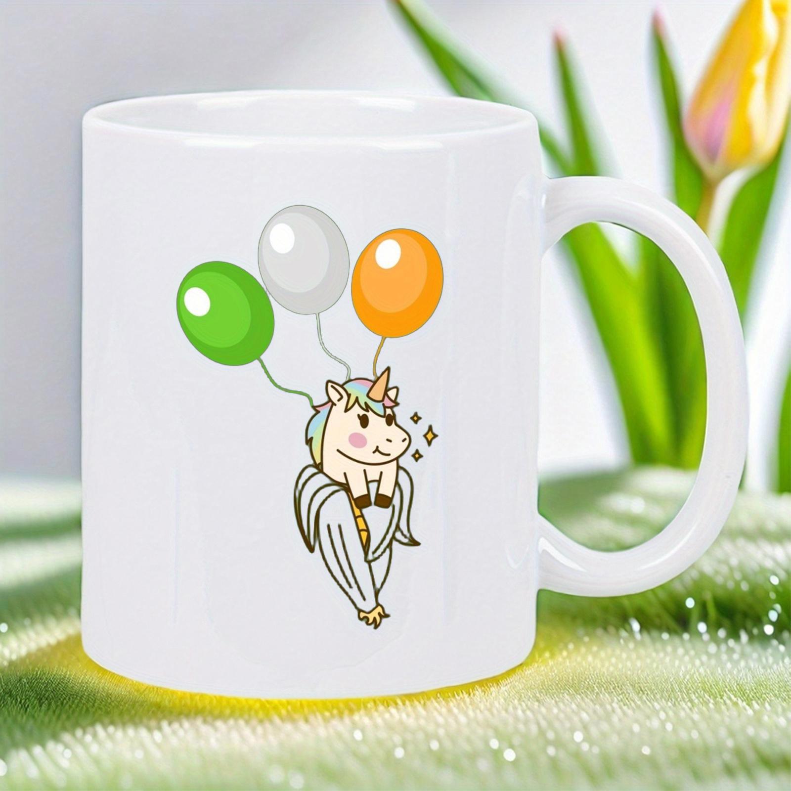 Tailorly White Ceramic 11 oz Mug - Cute Cartoon Creature Floating With Green White And Orange Balloons Unicorn