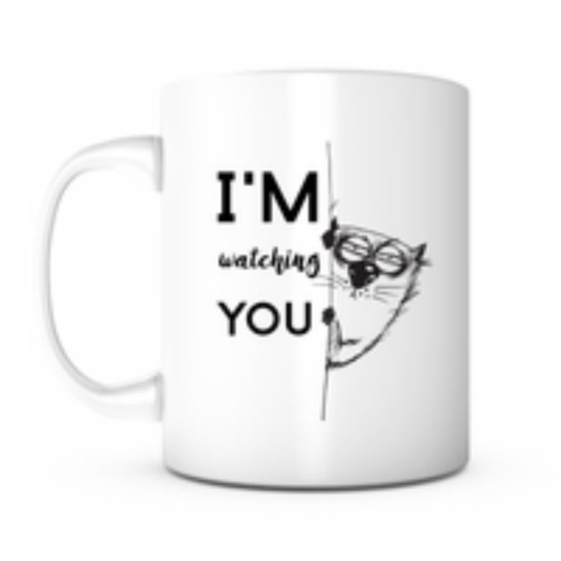 Tailorly White Ceramic 11 oz Mug - Im Watching You Curious Bespectacled Animal Peeking Out From Behind A Slim Vertical Line Cat
