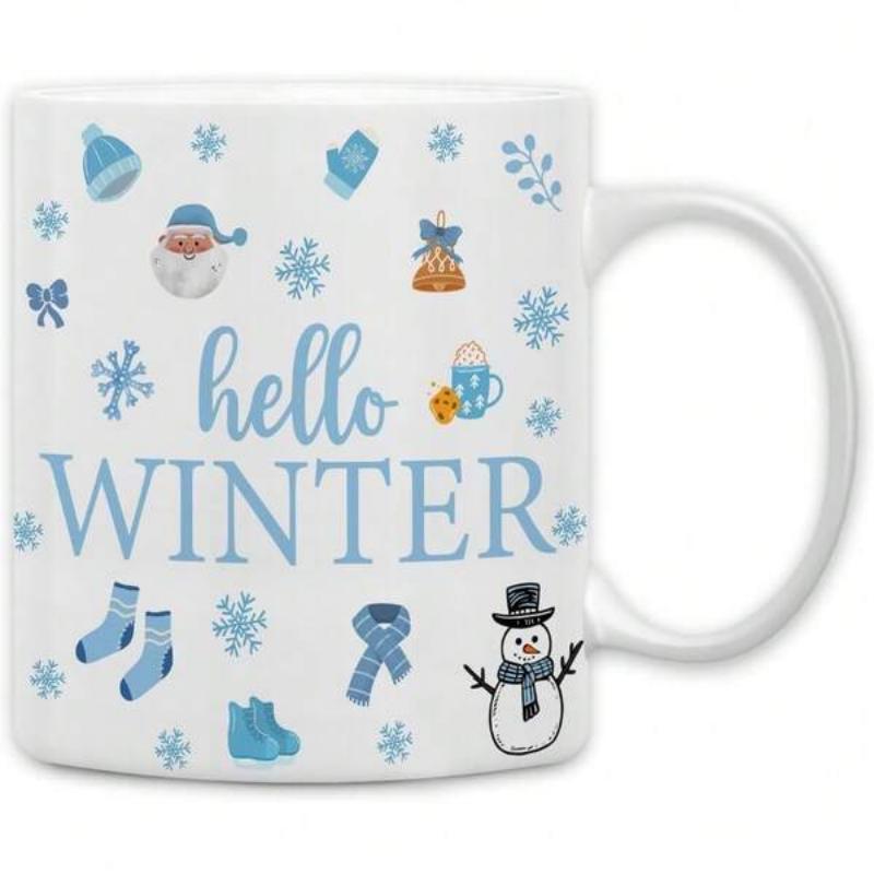 Tailorly White Ceramic 11 oz Mug - Hello Winter Charming Blue Snowflakes And Cozy Seasonal Mittens With A Friendly Snowman