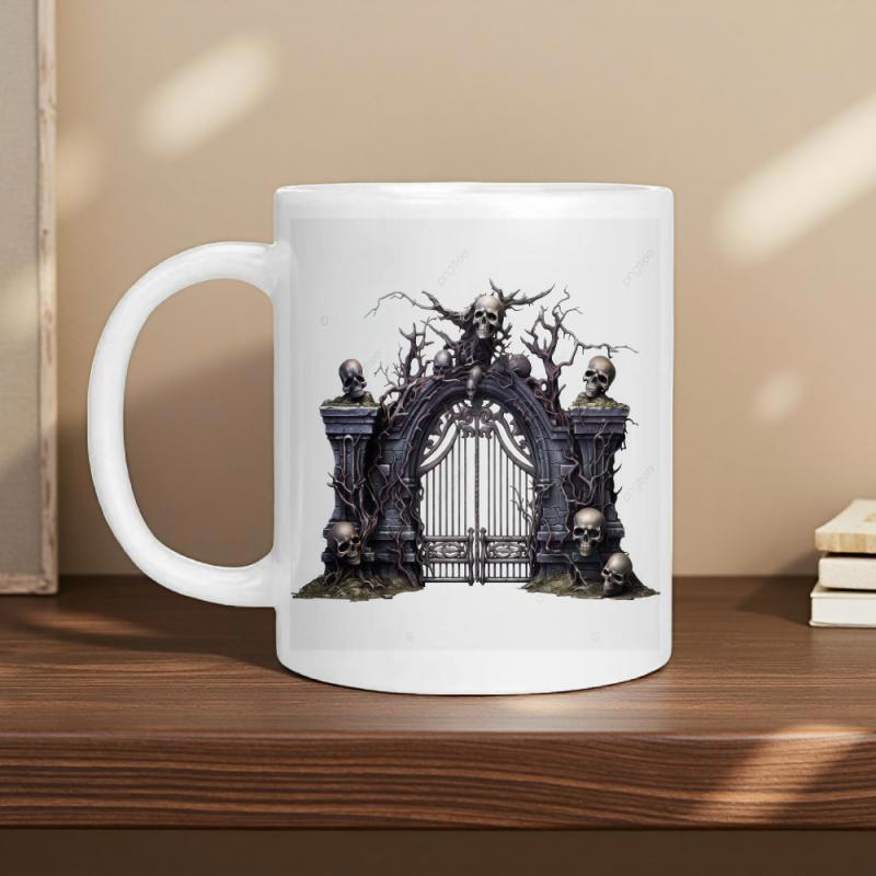 Tailorly White Ceramic 11 oz Mug - Haunted Cemetery Entrance With Detailed Skulls And Dead Twisted Branches Gate