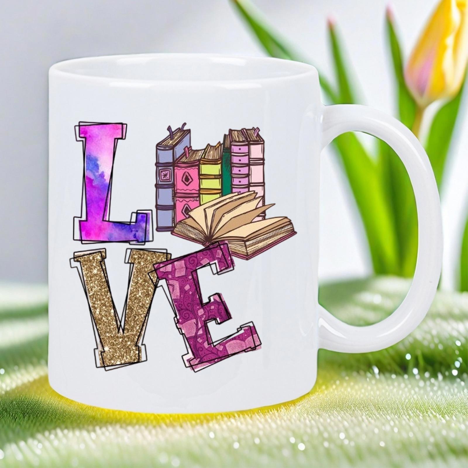 Tailorly White Ceramic 11 oz Mug - Love Colorful Artistic Alphabet Letters Paired With Stack Of Vintage Books