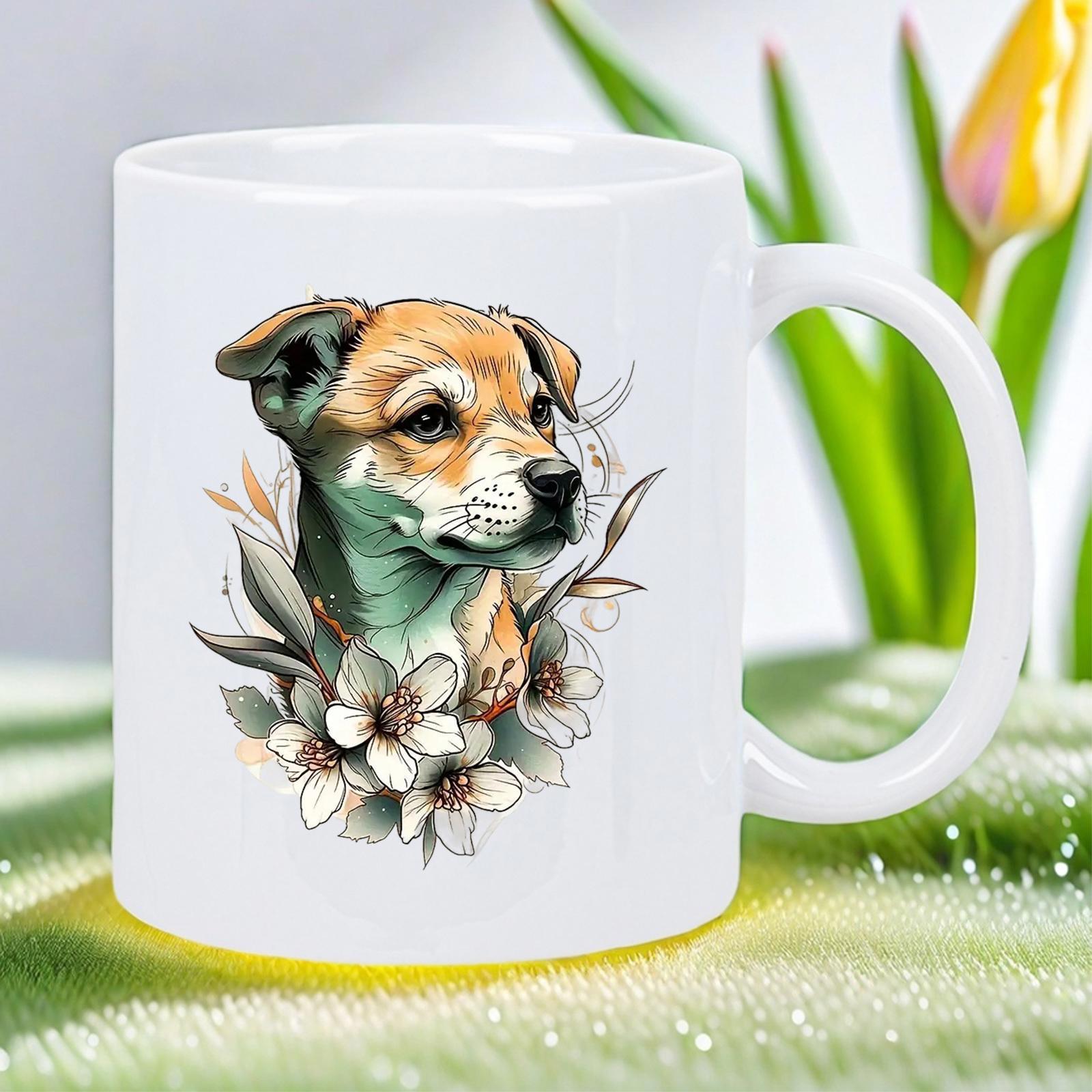 Tailorly White Ceramic 11 oz Mug - Artistic Watercolor Illustration Of A Small Dog Surrounded By White Flowers Puppy